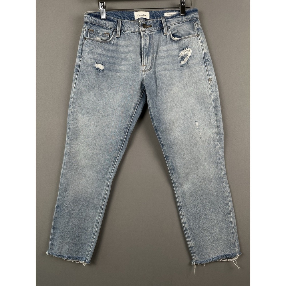 FRAME Denim Women's Jeans Le Garcon Distressed Mid Rise Size 24 Slim Leg Raw Hem